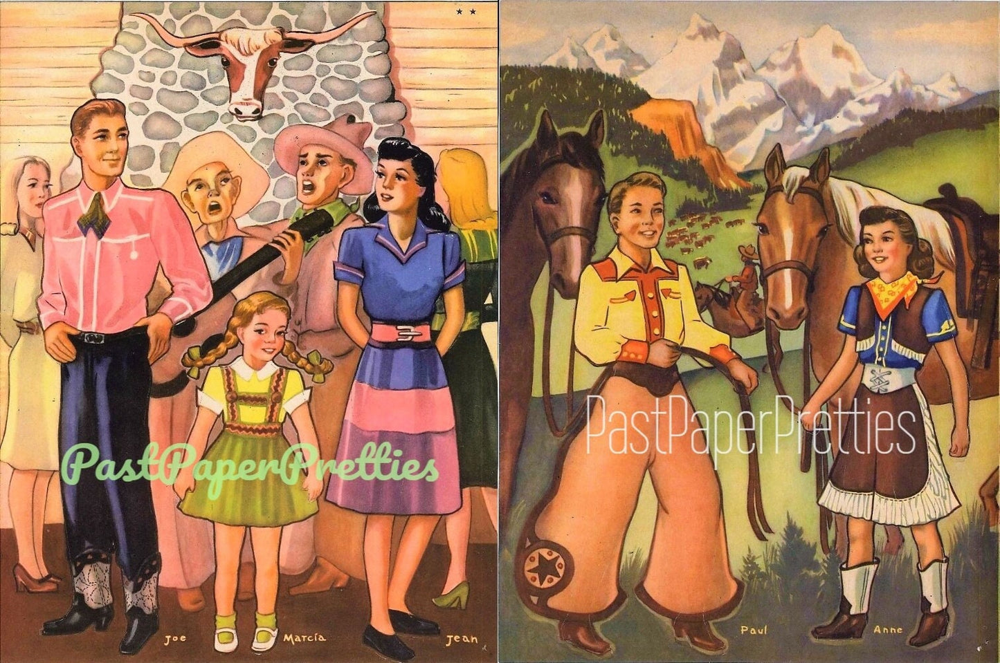 Vintage Paper Dolls Dude Ranch c. 1943 Printable PDF Instant Digital Download Cute Cowgirls Cowboys Western Dolls and Clothes Clip Art