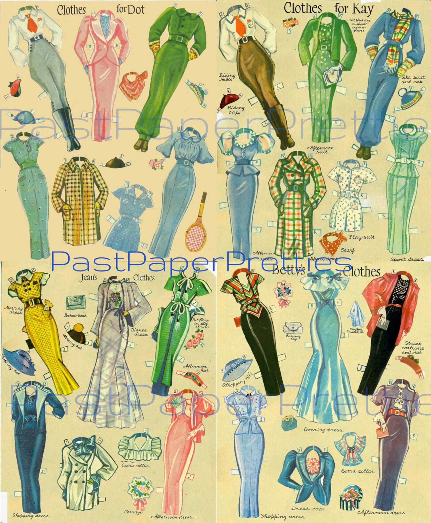 Vintage Grown-Up Paper Dolls Dot Kay Betty Jean 1936 Printable PDF Instant Digital Download 4 Pretty Ladies & Clothing Clip Art