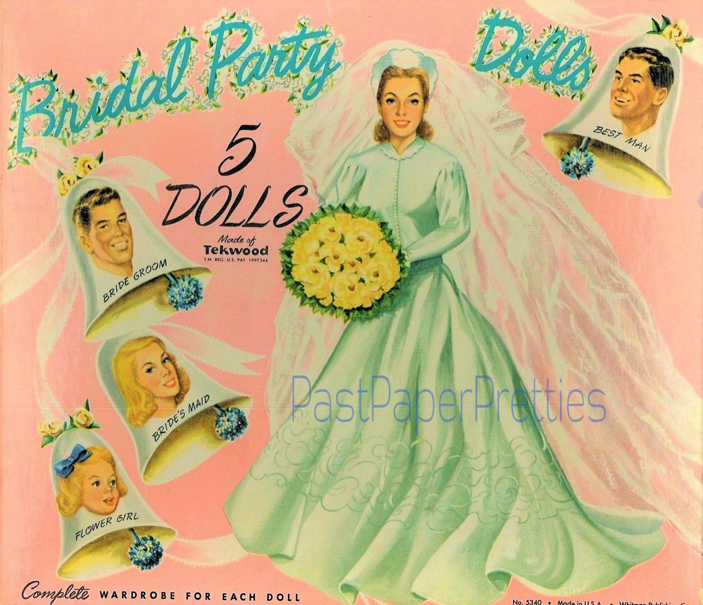 Vintage Paper Dolls Bridal Party c. 1950 Printable PDF Instant Digital Download 5 Doll Wedding Party Bride Groom Clothing Clip Art