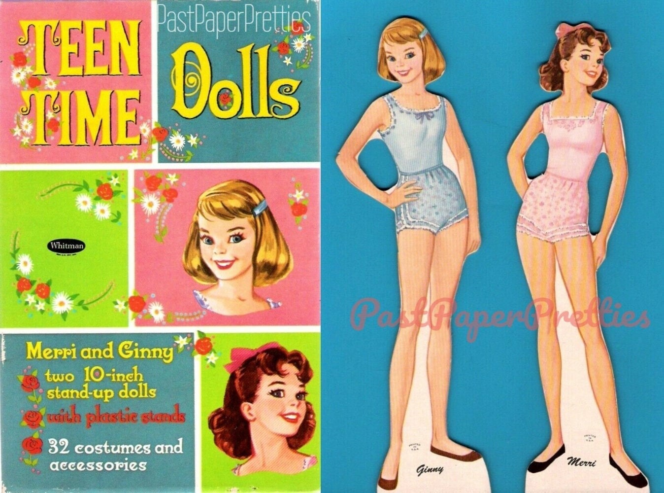 Vintage Paper Dolls Teen Time c. 1960 Printable PDF Instant Digital Download 2 Pretty Teenagers Girl Friends Cute Clothes Clip Art