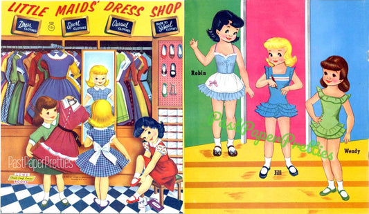 Vintage Paper Dolls Little Maids Dress Shop c. 1957 Printable PDF Instant Digital Download 3 Kitsch Kawaii Cute Girls Clip Art