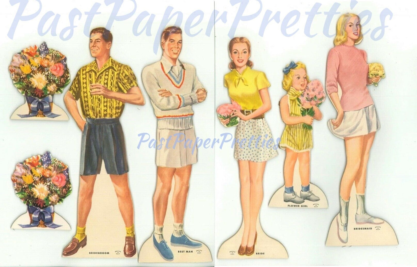 Vintage Paper Dolls Bridal Party c. 1950 Printable PDF Instant Digital Download 5 Doll Wedding Party Bride Groom Clothing Clip Art