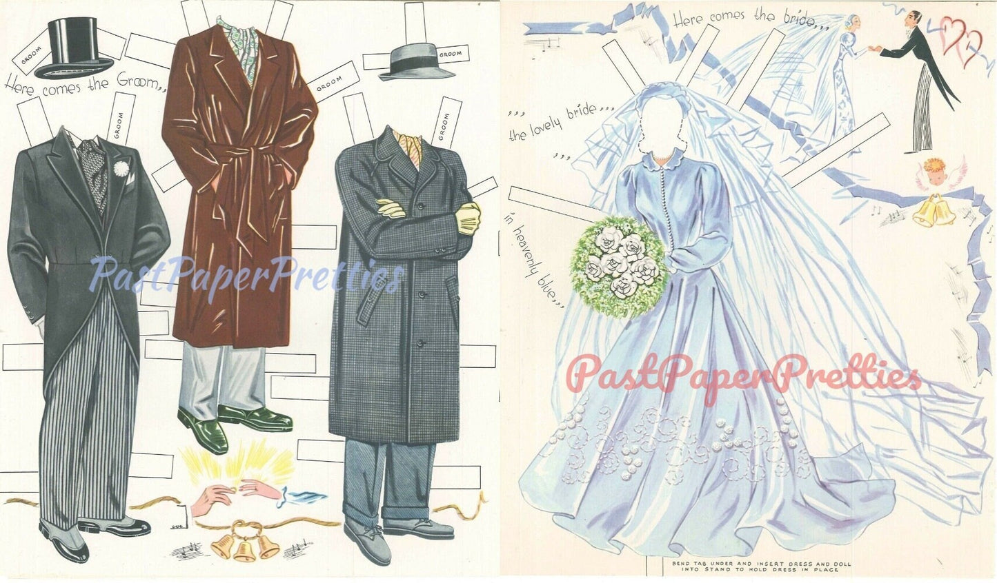 Vintage Paper Dolls Bridal Party c. 1950 Printable PDF Instant Digital Download 5 Doll Wedding Party Bride Groom Clothing Clip Art