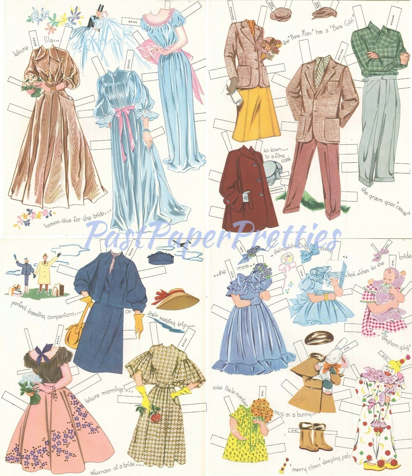 Vintage Paper Dolls Bridal Party c. 1950 Printable PDF Instant Digital Download 5 Doll Wedding Party Bride Groom Clothing Clip Art
