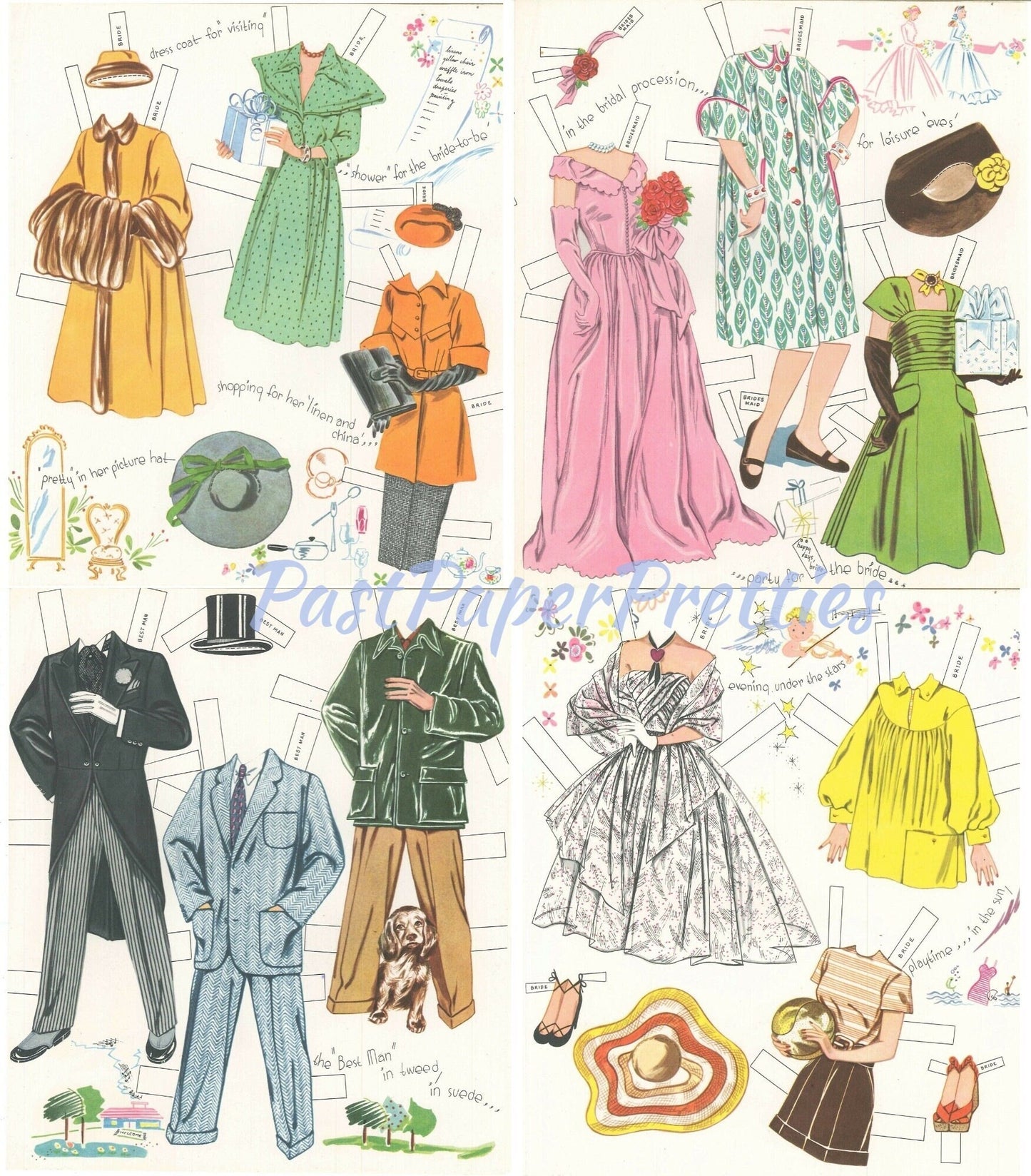 Vintage Paper Dolls Bridal Party c. 1950 Printable PDF Instant Digital Download 5 Doll Wedding Party Bride Groom Clothing Clip Art