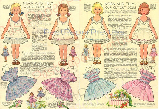 Vintage Paper Dolls Nora and Tilly c. 1956 Printable PDF Instant Digital Download Cute Girls Frilly Feminine Dresses Woman and Home Journal