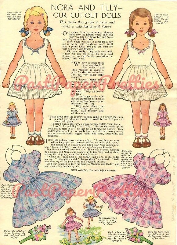 Vintage Paper Dolls Nora and Tilly c. 1956 Printable PDF Instant Digital Download Cute Girls Frilly Feminine Dresses Woman and Home Journal