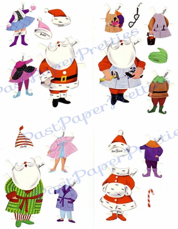 Vintage Paper Dolls Dress Up Santa Mrs Claus Elves Printable PDF Instant Digital Download Retro 1960's Christmas Cut Outs Clip Art