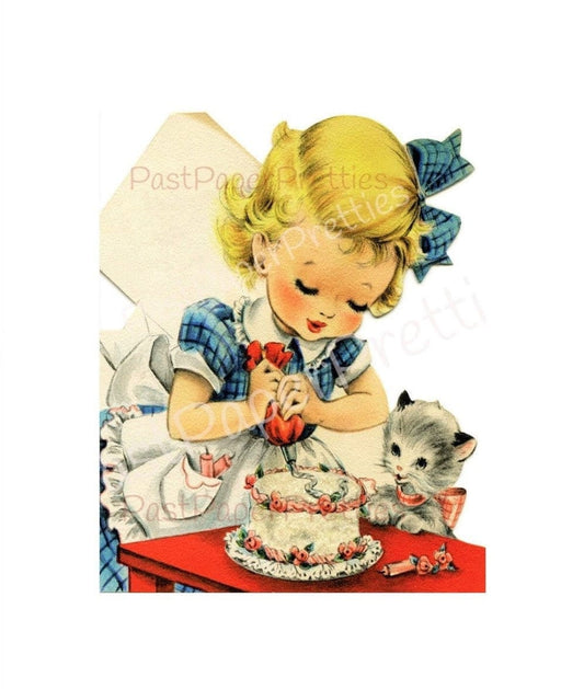 Vintage Printable Cute Little Girl and Cake Kitten Happy Birthday Greeting Card or Tag Image Instant Digital Download Kitsch Kawaii Clip Art