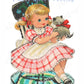 Vintage Printable Cute Little Gingham Girl in Rocking Chair with Kitten Greeting Card Image Instant Digital Download Kawaii Clip Art 300 dpi