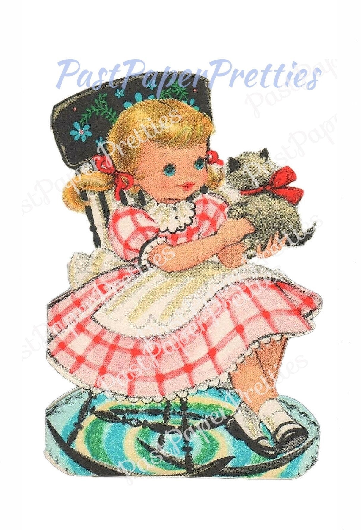 Vintage Printable Cute Little Gingham Girl in Rocking Chair with Kitten Greeting Card Image Instant Digital Download Kawaii Clip Art 300 dpi