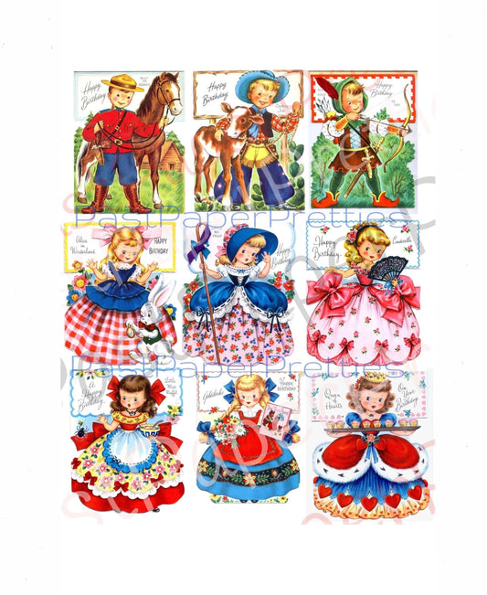 Vintage Printable Storybook Girls Boys Greeting Cards Collage Sheet PDF Instant Digital Kitsch Fairy Tale Birthday Card Images 300 dpi