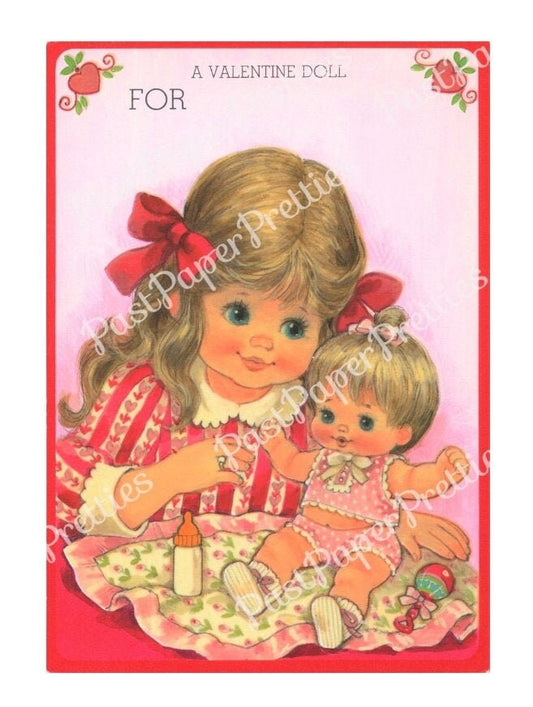 Vintage Valentine Cute Paper Doll and Her Baby Dolly and Cradle Folded Printable Card c. 1980s PDF Instant Digital Download