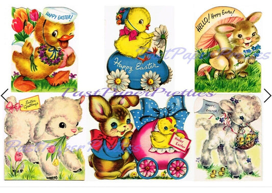 6 Vintage Printable Easter Card Images Adorable Bunnies Chicks Lambs Duck Animals PDF Instant Digital Download Kitsch Kawaii Easter Clip Art