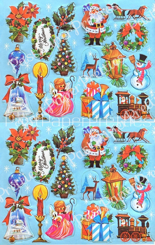 Vintage Printable Blue Christmas Gift Seals Stickers Cut Outs Collage Mid Century Kitsch PDF Instant Digital Download Kitschmas Clip Art 1