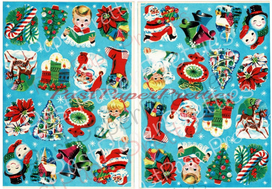 Vintage Printable Blue Christmas Gift Seals Stickers Cut Outs Collage PDF Instant Digital Download Mid Century Cute Kitsch Holiday Clip Art