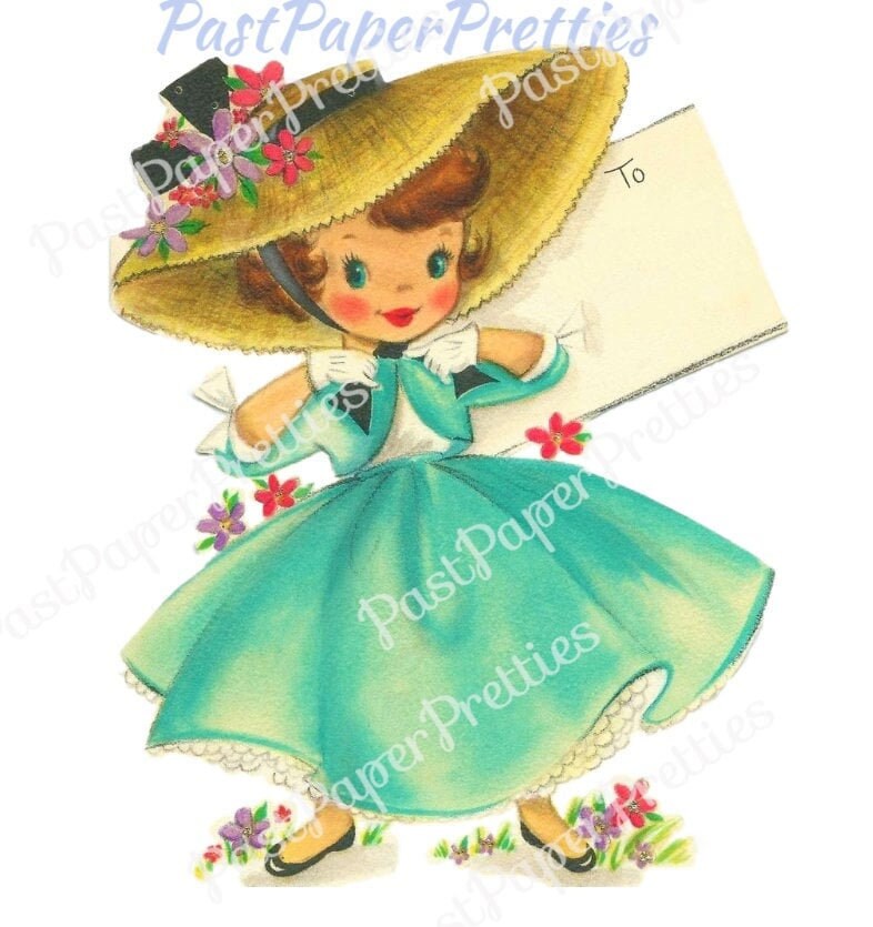 Vintage Printable Cute Retro Little Miss Easter Brunette Girl Card Image Straw Hat c. 1950s Instant Digital Download PNG JPEG 300 dpi