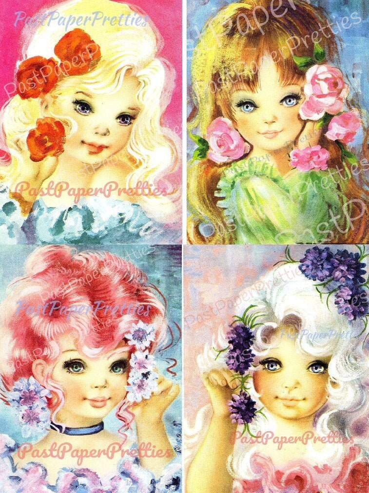 Vintage Printable Beautiful Big Eyed Girls Romantic Flowers 1970s Postcard Images Instant Digital Download Kawaii Glamour Girls 600 dpi