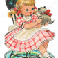 Vintage Printable Cute Little Gingham Girl in Rocking Chair with Kitten Greeting Card Image Instant Digital Download Kawaii Clip Art 300 dpi