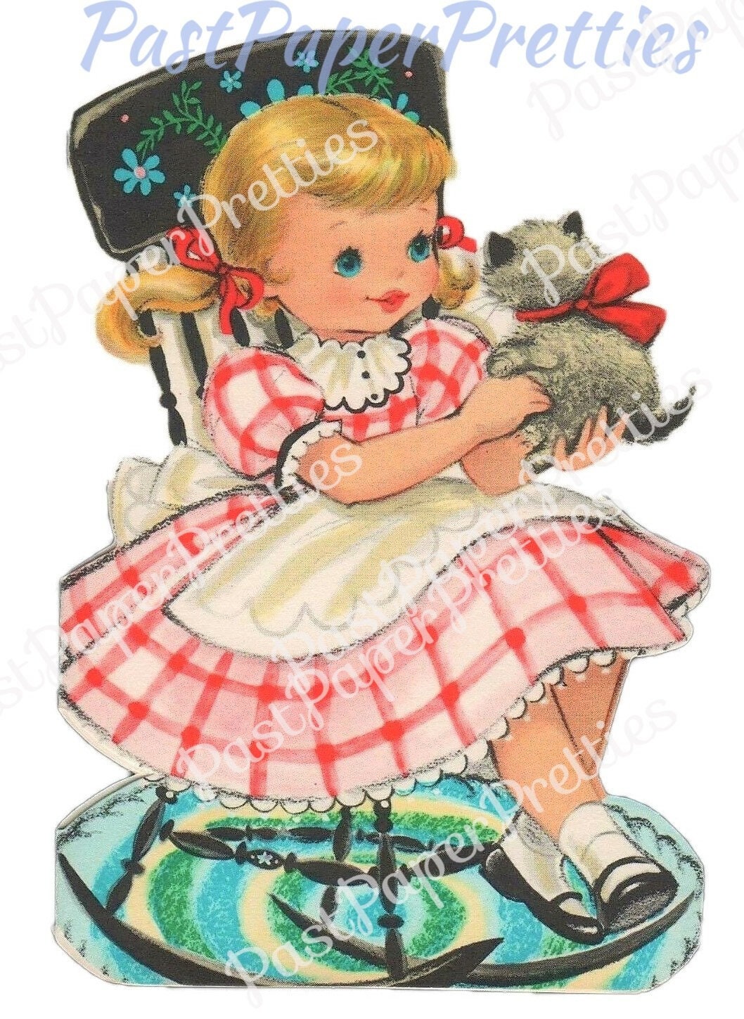 Vintage Printable Cute Little Gingham Girl in Rocking Chair with Kitten Greeting Card Image Instant Digital Download Kawaii Clip Art 300 dpi