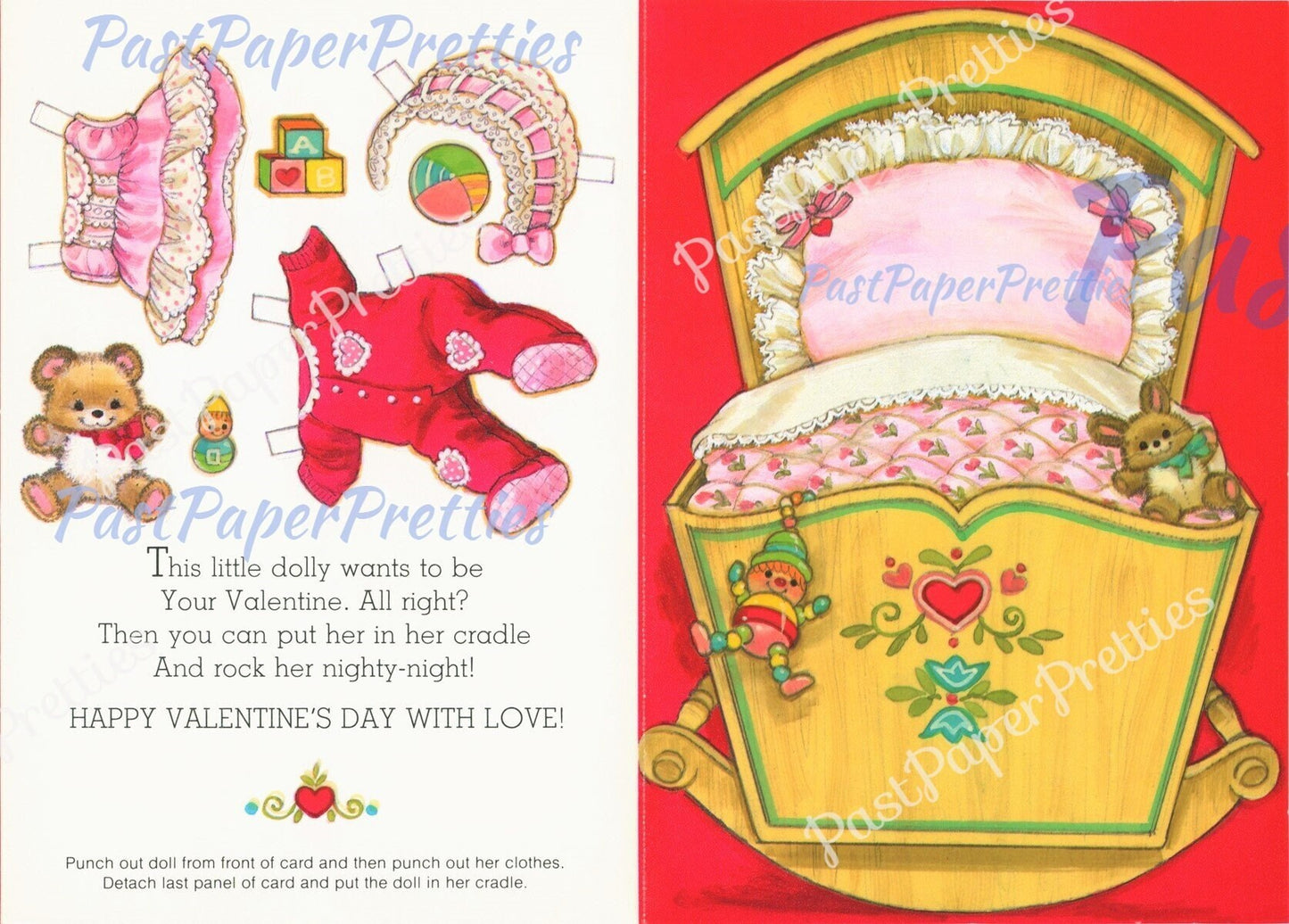 Vintage Valentine Cute Paper Doll and Her Baby Dolly and Cradle Folded Printable Card c. 1980s PDF Instant Digital Download