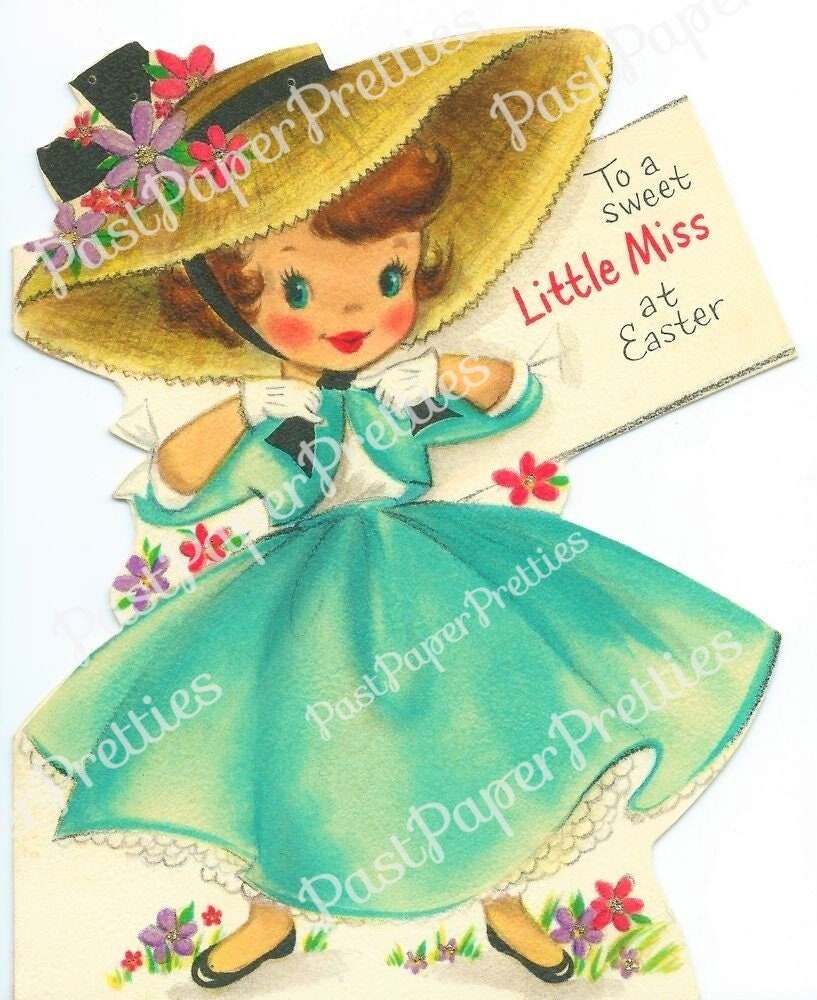 Vintage Printable Cute Retro Little Miss Easter Brunette Girl Card Image Straw Hat c. 1950s Instant Digital Download PNG JPEG 300 dpi