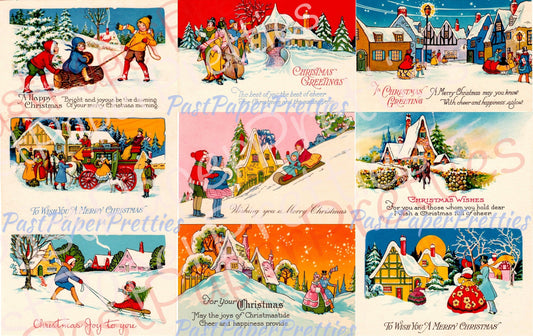 Vintage Printable Victorian Christmas Card Art Deco Postcard Images Set of 9 c. 1910s PDF Instant Digital Download JPEGS 300 dpi