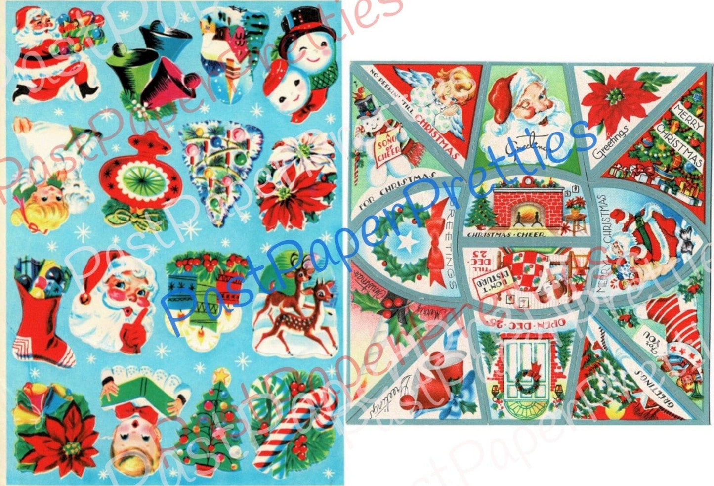 Vintage Printable Blue Christmas Gift Seals Stickers Cut Outs Collage PDF Instant Digital Download Mid Century Cute Kitsch Holiday Clip Art