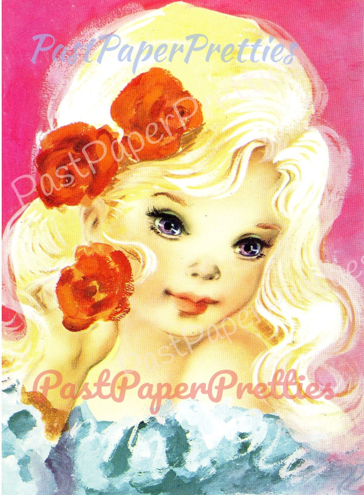 Vintage Printable Beautiful Big Eyed Girls Romantic Flowers 1970s Postcard Images Instant Digital Download Kawaii Glamour Girls 600 dpi