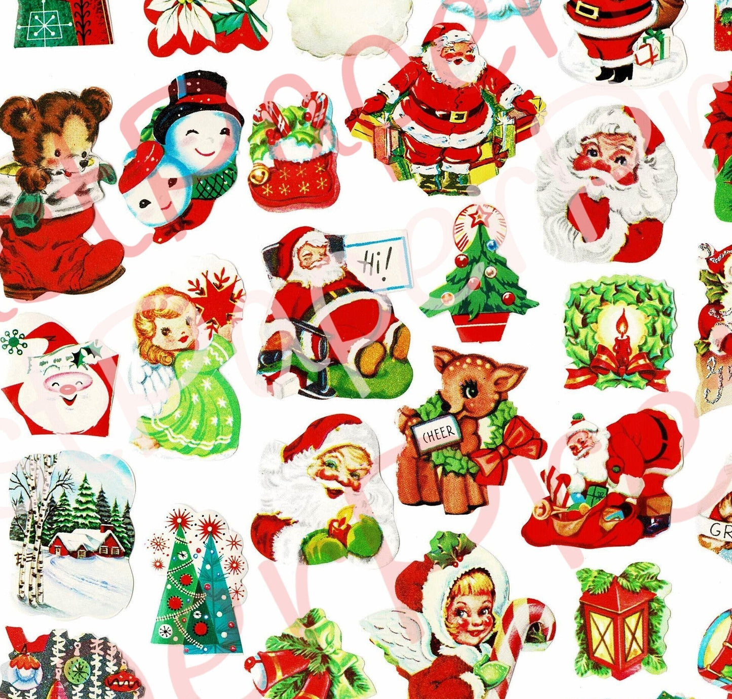 40 Vintage Printable Christmas Seals Stickers Collage Mid Century Kitsch Santa Angels Deer Instant Digital Download Holiday Clipart 300 dpi