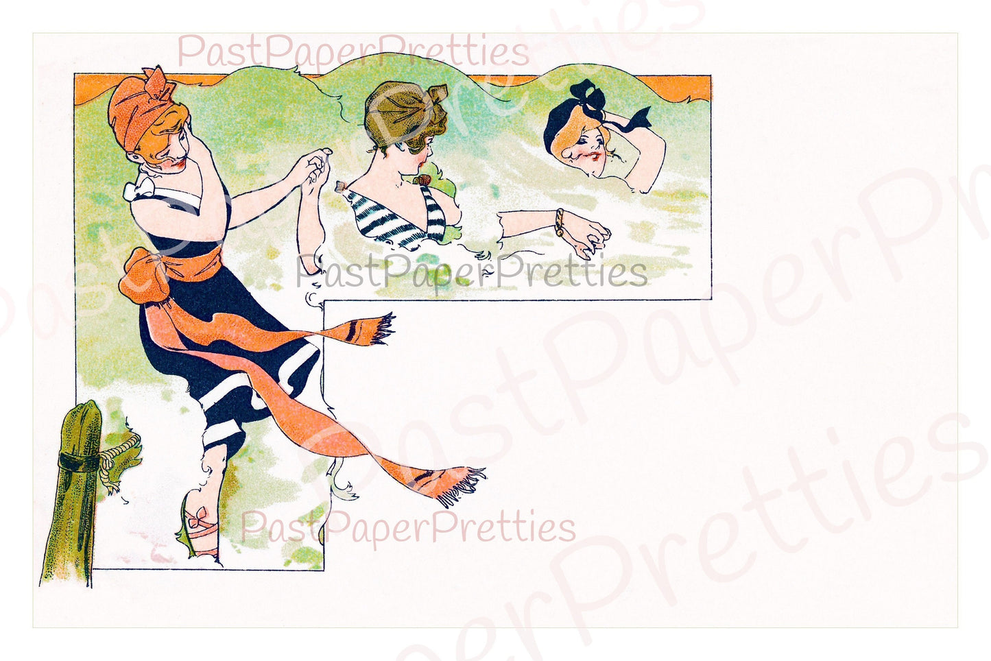 Vintage Printable Victorian Bathing Beauties Beach Postcard Images c. 1901 PDF Instant Digital Download Pretty Ladies Beach Seaside 600 dpi