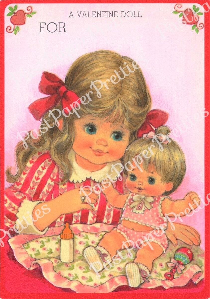 Vintage Valentine Cute Paper Doll and Her Baby Dolly and Cradle Folded Printable Card c. 1980s PDF Instant Digital Download