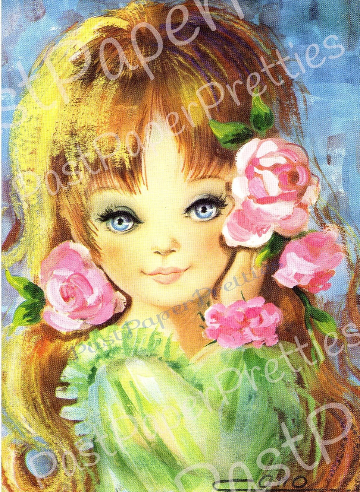 Vintage Printable Beautiful Big Eyed Girls Romantic Flowers 1970s Postcard Images Instant Digital Download Kawaii Glamour Girls 600 dpi