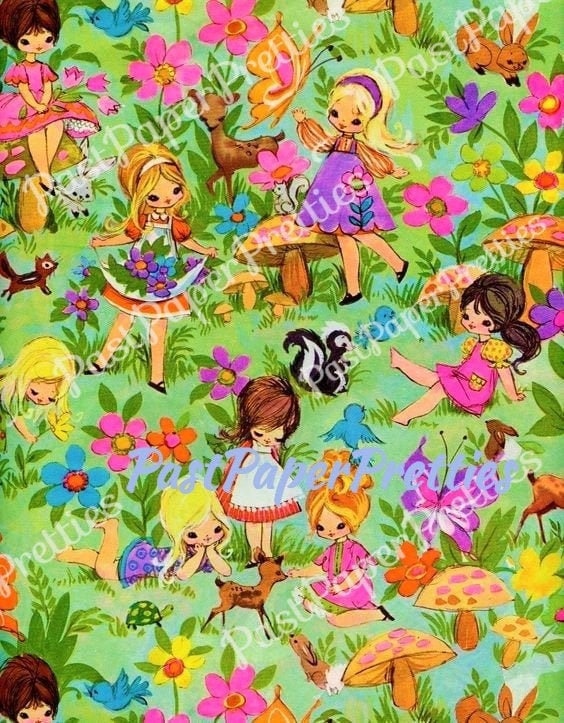 Vintage Printable Gift Wrap Kitsch Woodland Girls Animals Toadstools Image Instant Digital Download Kawaii Forest Friends Wrapping Paper