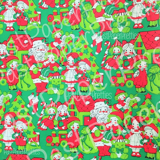 Vintage Printable Christmas Gift Wrap Santa Claus and Children Green Red Retro Wrapping Paper Collage Sheet Instant Digital Download