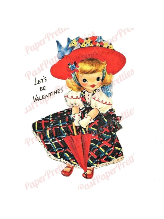 Vintage Printable Valentine Little Girl with Pretty Dress Bonnet Umbrella Card Image c. 1950s Instant Digital Download JPEG PNG