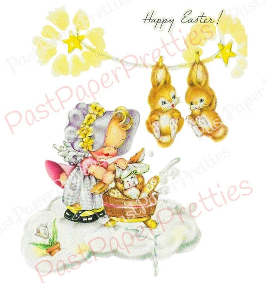 Vintage Printable Little Easter Bonnet Angel Washing Bunnies on Clothesline Card Image c. 1940s Instant Digital Download JPEG PNG 300 dpi