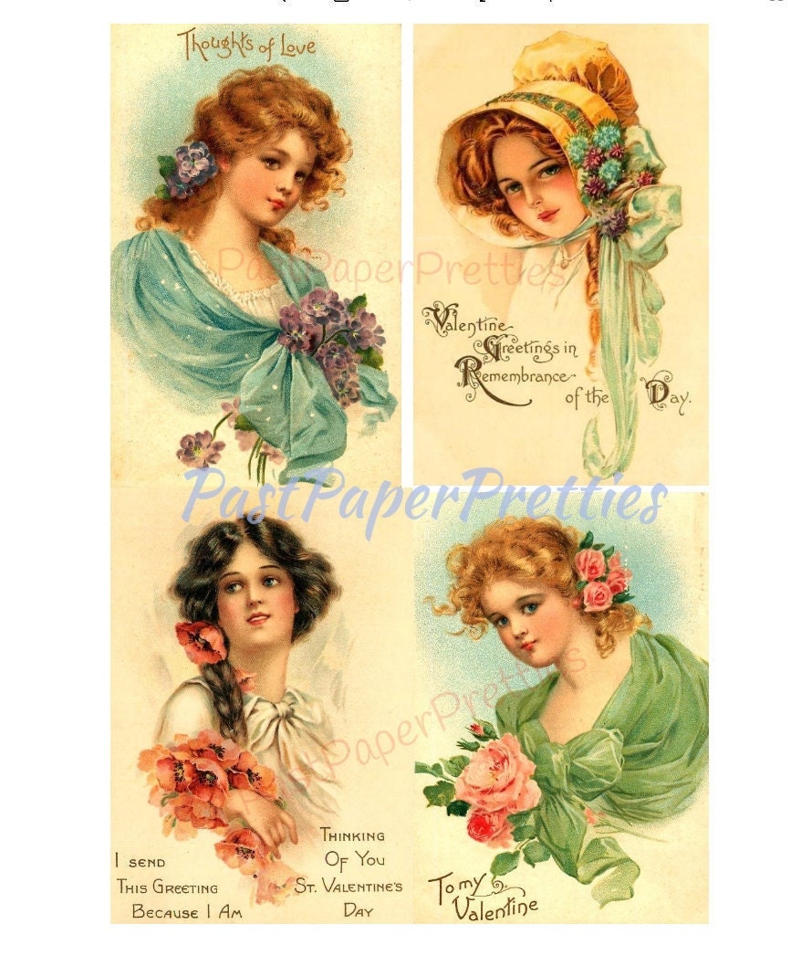 Vintage Pretty Victorian Valentine Ladies Portrait Postcard Images Printable Instant Digital Download Edwardian Girls Flowers Clip Art