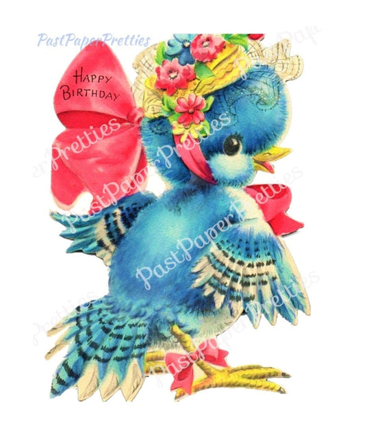 Vintage Printable Pretty Blue Jay Bird with Flower Hat Card Image Retro 1940s Instant Digital Download Kawaii Birdie Happy Birthday Clip Art