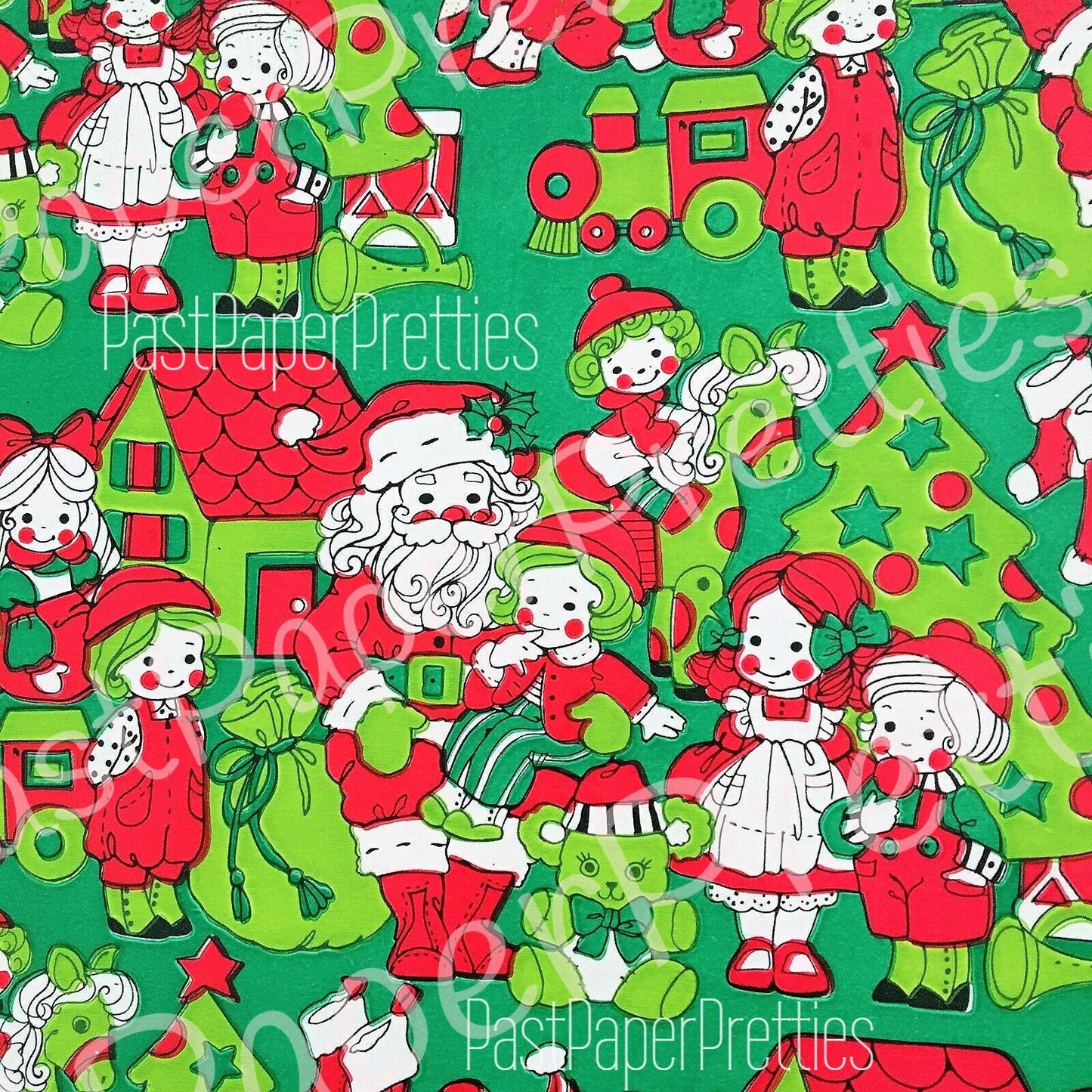 Vintage Printable Christmas Gift Wrap Santa Claus and Children Green Red Retro Wrapping Paper Collage Sheet Instant Digital Download