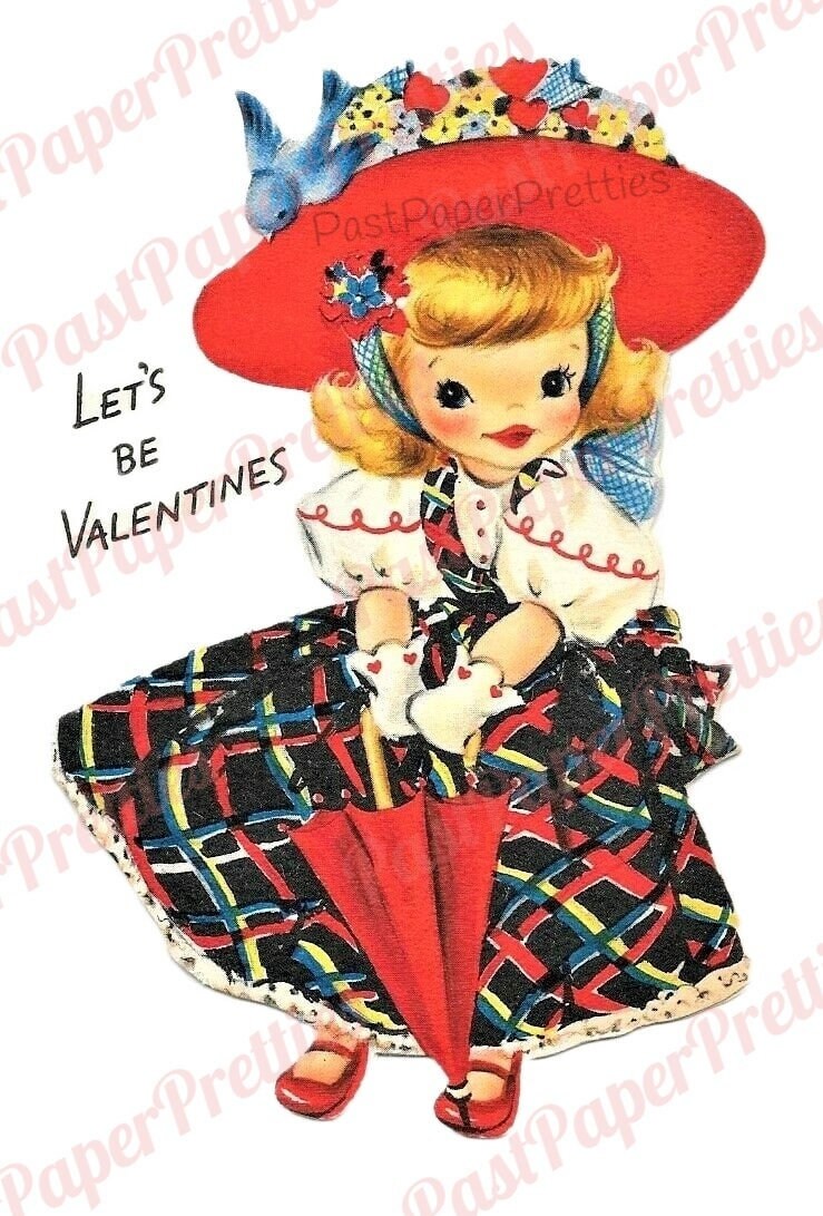 Vintage Printable Valentine Little Girl with Pretty Dress Bonnet Umbrella Card Image c. 1950s Instant Digital Download JPEG PNG