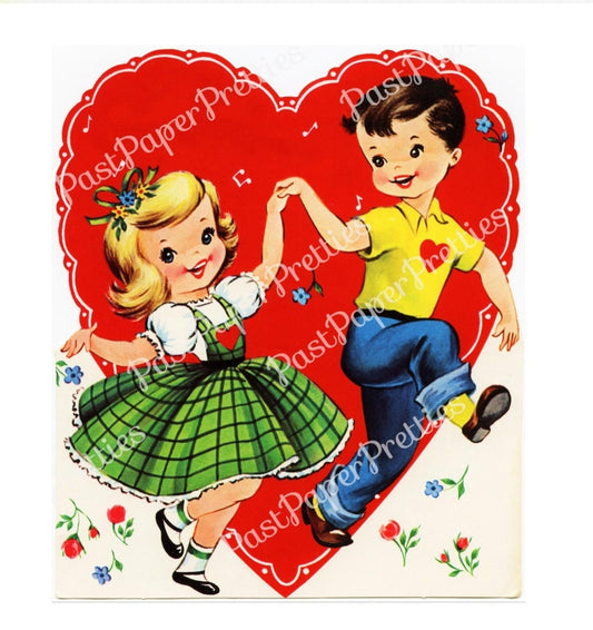 Vintage Printable Valentine Card Image Cute Dancing Girl and Boy 1960s Instant Digital Download Kitsch Children Clip Art 300 dpi