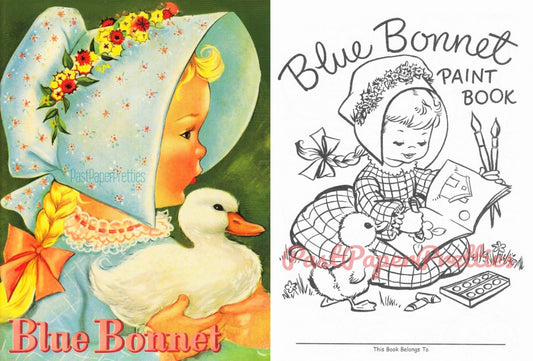 Vintage Printable Coloring Book Pages Blue Bonnet Color and Paint 1940s PDF Instant Digital Download Kitschy Cute Children Animals 34 Pages