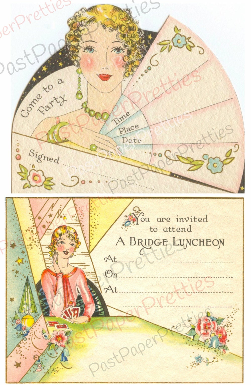 Vintage Antique Printable Art Deco Flapper Party Invitation Card Images Instant Digital Download Pretty Lady Clip Art 1920s