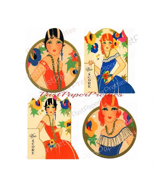 Vintage Printable Pretty Art Deco Ladies Flappers Portrait Gift Tags Bridge Tally Place Cards circa 1920s Instant Digital Download Clip Art