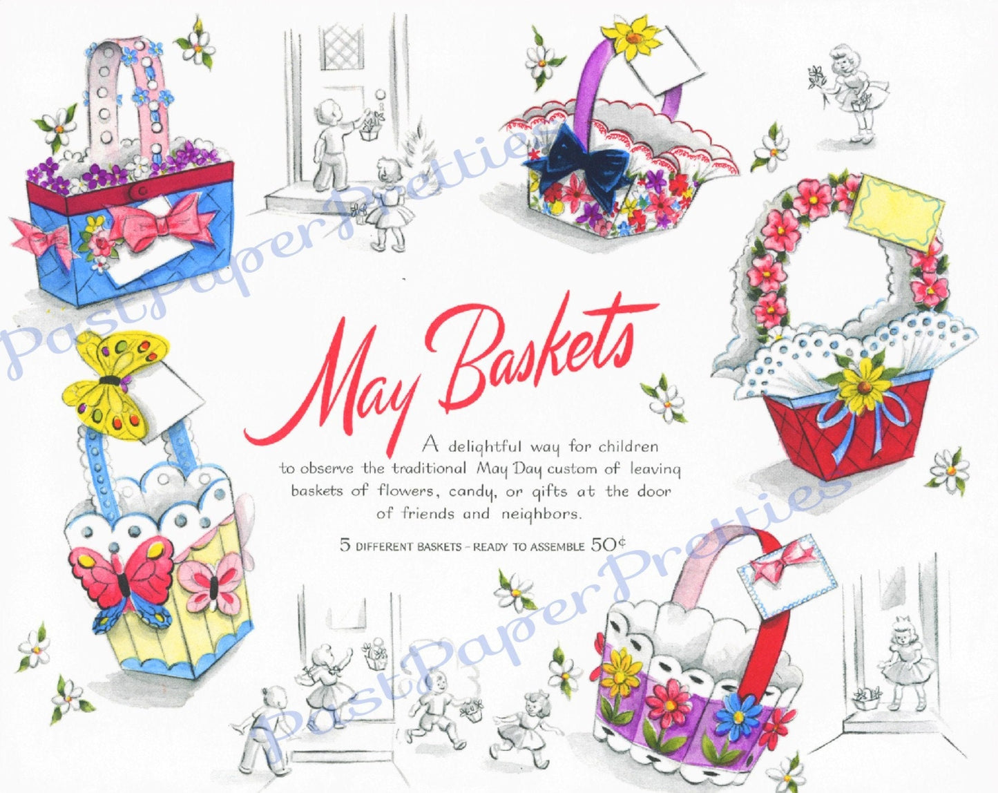 Vintage Printable May Day Easter Flower Baskets c. 1954 PDF Instant Digital Download Cut Out and Assemble Paper Spring Baskets SET ONE