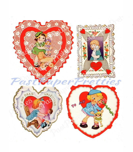 Vintage Printable Valentines Day Cards 4 Little Girls and Their Dolls Collage Sheet PDF Instant Digital Download 300 dpi JPEG PNG