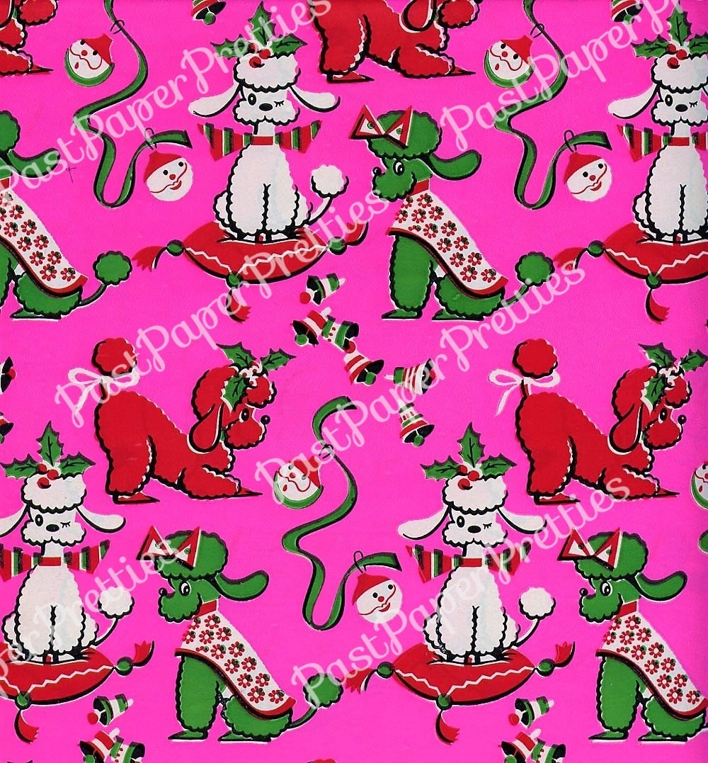 Vintage Printable Christmas Poodle Gift Wrap Bright Pink Retro Wrapping Paper Collage Sheet Instant Digital Download Holiday Dogs Clip Art