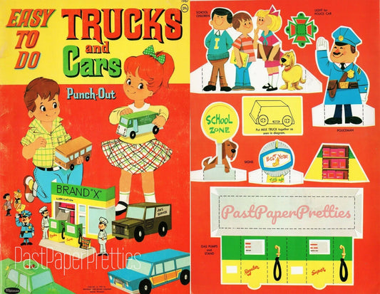 Vintage Printable Paper Trucks and Cars Punch Out Papercraft Toys 1963 PDF Instant Digital Download 3D Vehicles Gas Station Paper Playset