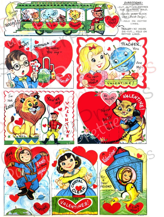 Vintage Printable Retro 1960's Valentines Day Playbook Card Cut Outs 5 Collage Sheets PDF Instant Digital Download Cute Boys Girls Animals